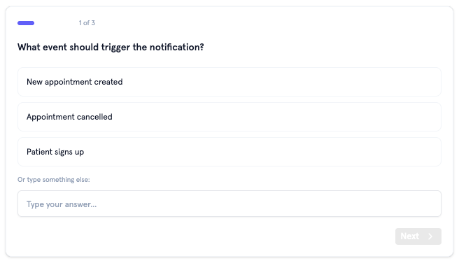 Flo questions interface showing a stepped form with multiple question types
